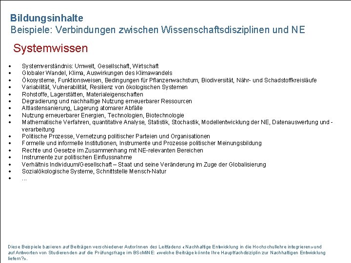 Bildungsinhalte Beispiele: Verbindungen zwischen Wissenschaftsdisziplinen und NE Systemwissen Systemverständnis: Umwelt, Gesellschaft, Wirtschaft Globaler Wandel,