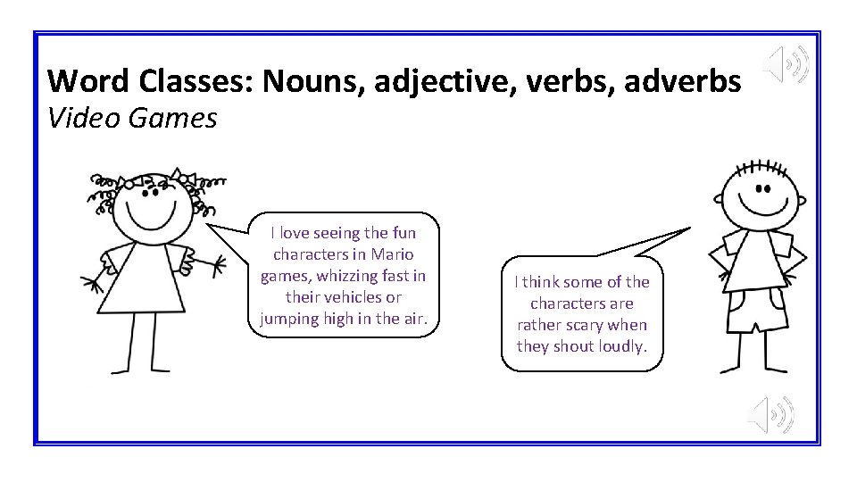 Word Classes: Nouns, adjective, verbs, adverbs Video Games I love seeing the fun characters