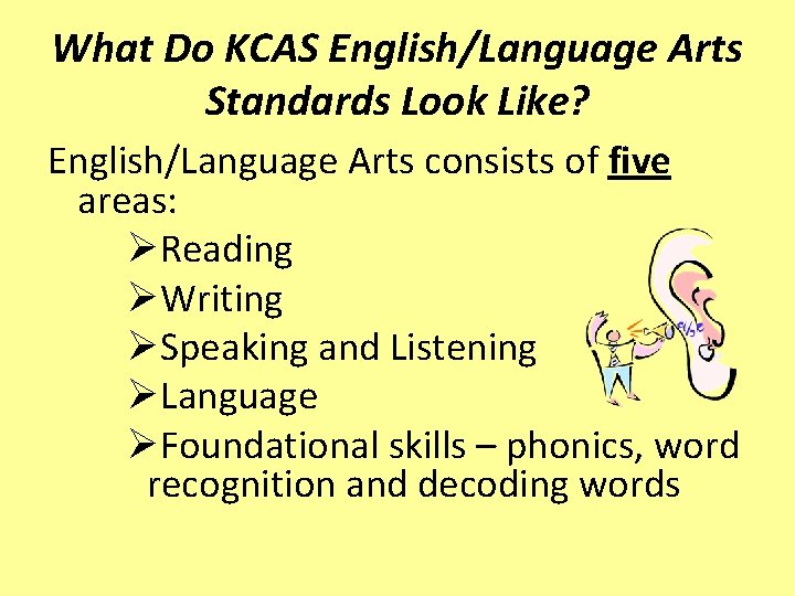 What Do KCAS English/Language Arts Standards Look Like? English/Language Arts consists of five areas: