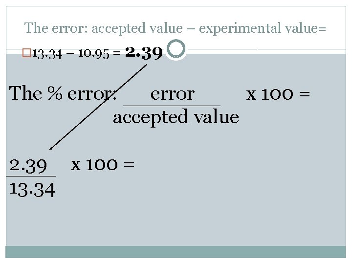 The error: accepted value – experimental value= � 13. 34 – 10. 95 =