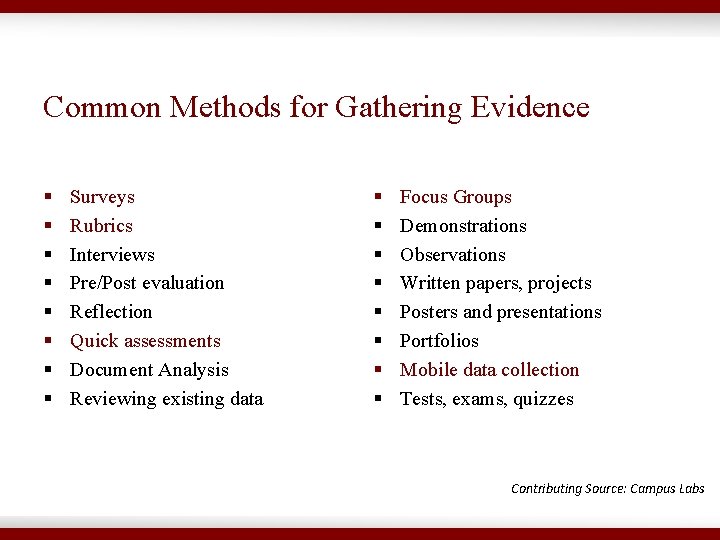 Common Methods for Gathering Evidence § § § § Surveys Rubrics Interviews Pre/Post evaluation