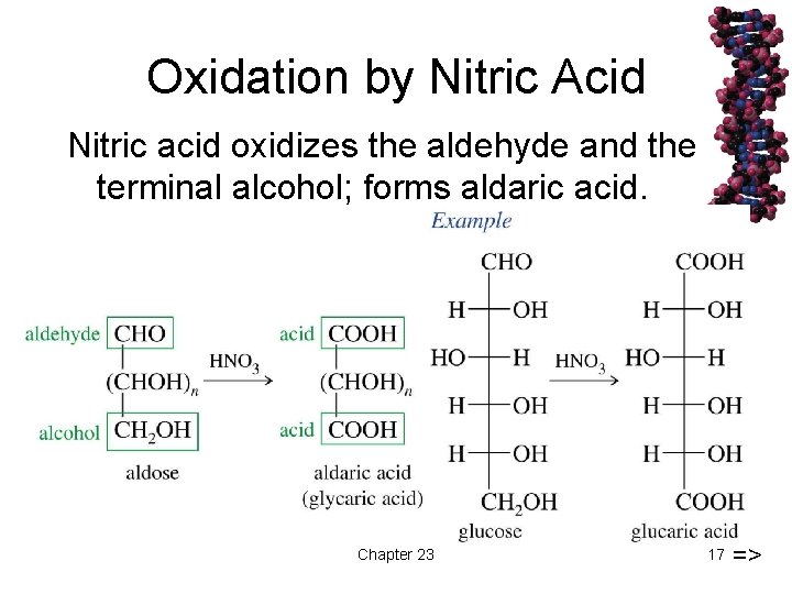 Oxidation by Nitric Acid Nitric acid oxidizes the aldehyde and the terminal alcohol; forms