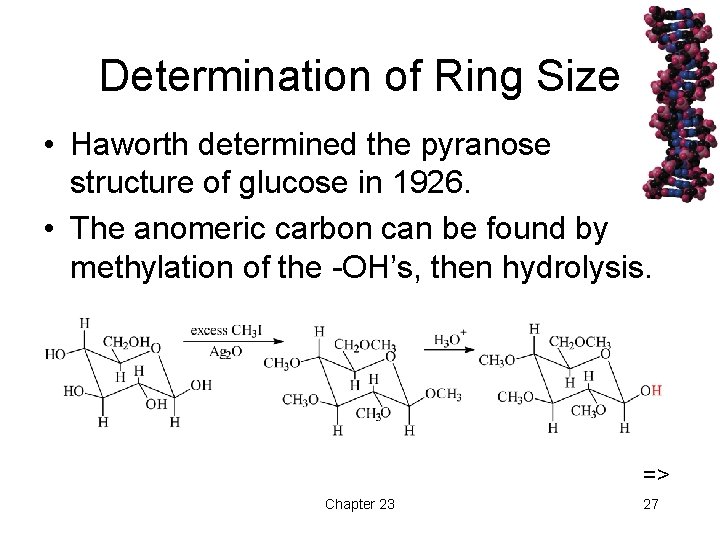 Determination of Ring Size • Haworth determined the pyranose structure of glucose in 1926.