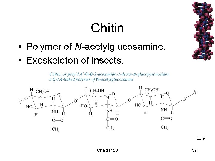 Chitin • Polymer of N-acetylglucosamine. • Exoskeleton of insects. => Chapter 23 39 