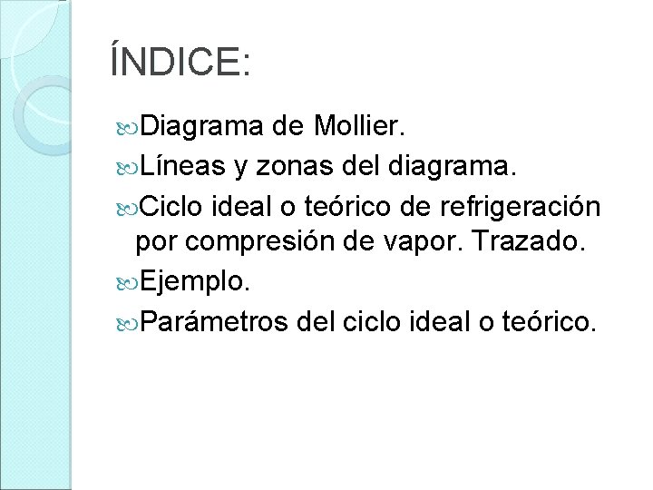 ÍNDICE: Diagrama de Mollier. Líneas y zonas del diagrama. Ciclo ideal o teórico de