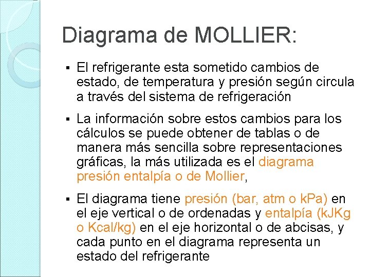 Diagrama de MOLLIER: § El refrigerante esta sometido cambios de estado, de temperatura y