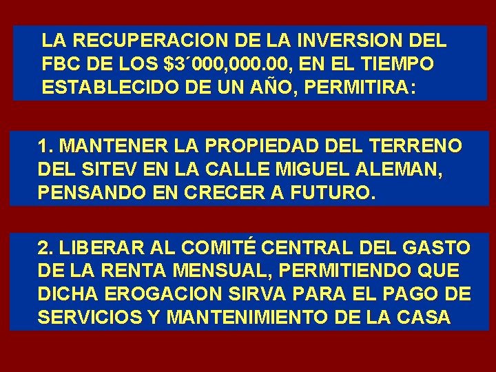 LA RECUPERACION DE LA INVERSION DEL FBC DE LOS $3´ 000, 000. 00, EN