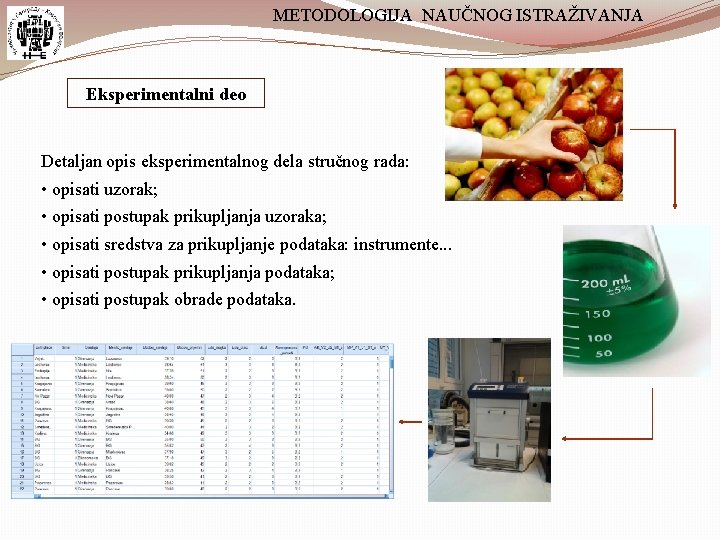 METODOLOGIJA NAUČNOG ISTRAŽIVANJA Eksperimentalni deo Detaljan opis eksperimentalnog dela stručnog rada: • opisati uzorak;