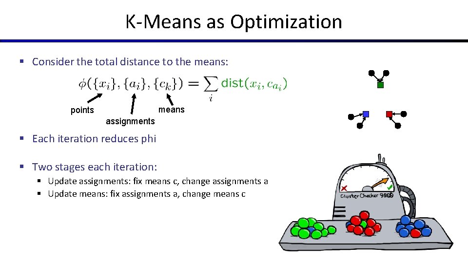 K-Means as Optimization § Consider the total distance to the means: means points assignments K-Means as Optimization § Consider the total distance to the means: means points assignments