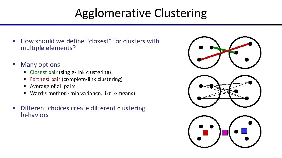 Agglomerative Clustering § How should we define “closest” for clusters with multiple elements? § Agglomerative Clustering § How should we define “closest” for clusters with multiple elements? §