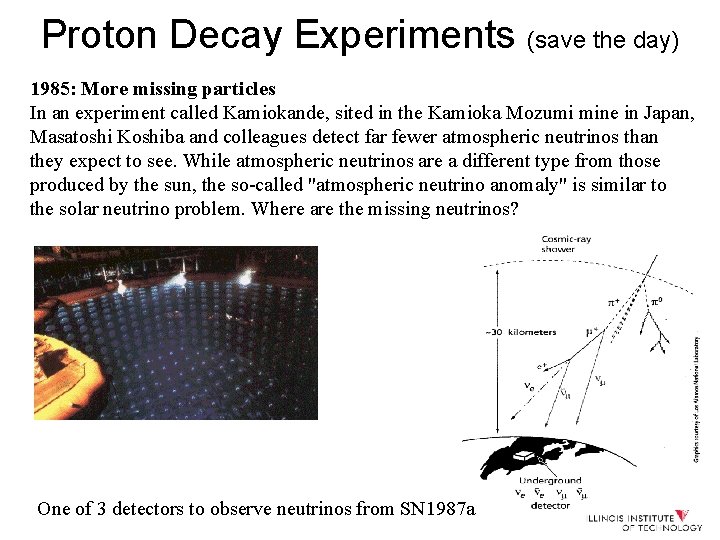 Proton Decay Experiments (save the day) 1985: More missing particles In an experiment called