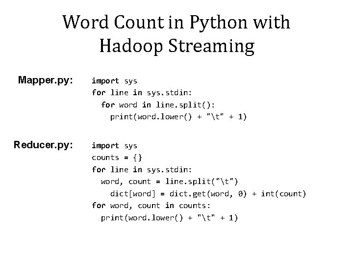 Word Count in Python with Hadoop Streaming Mapper. py: Reducer. py: import sys for