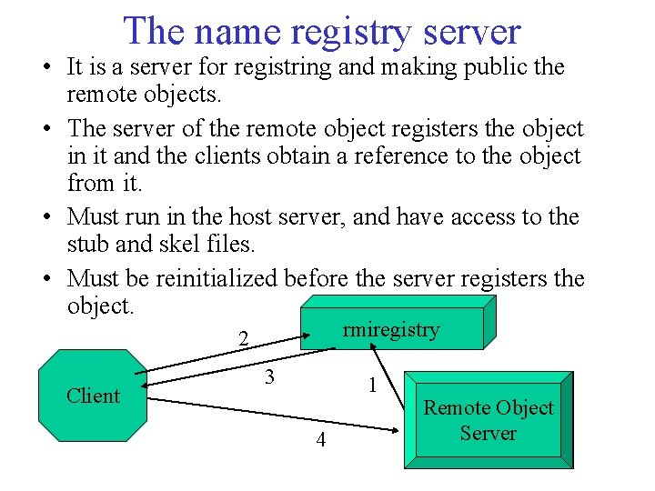 The name registry server • It is a server for registring and making public