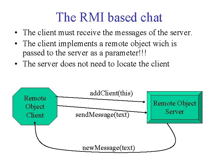 The RMI based chat • The client must receive the messages of the server.
