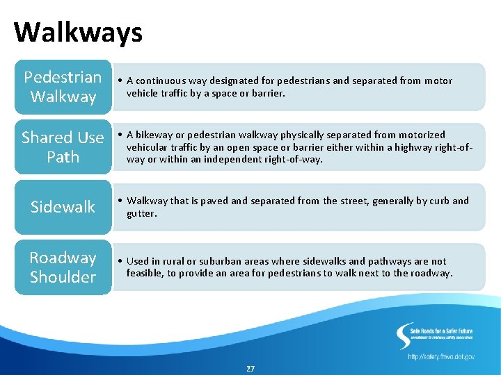 Walkways Pedestrian Walkway • A continuous way designated for pedestrians and separated from motor