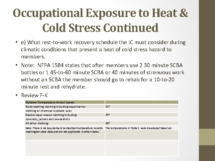 Occupational Exposure to Heat & Cold Stress Continued • e) What rest-to-work recovery schedule