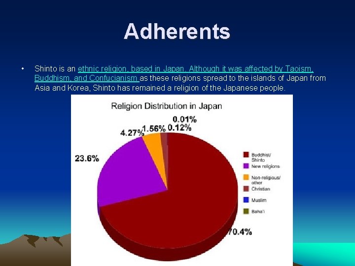 Adherents • Shinto is an ethnic religion, based in Japan. Although it was affected