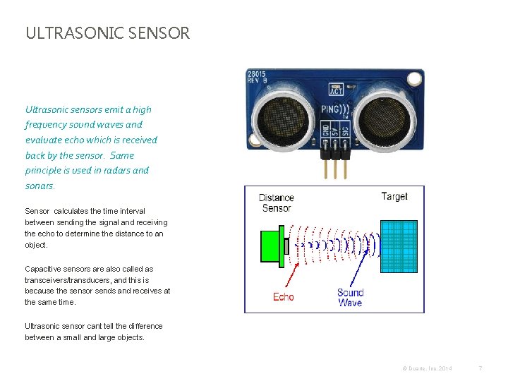 ULTRASONIC SENSOR Ultrasonic sensors emit a high frequency sound waves and evaluate echo which