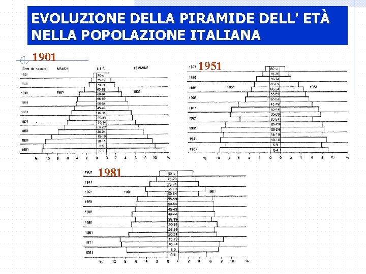 EVOLUZIONE DELLA PIRAMIDE DELL' ETÀ NELLA POPOLAZIONE ITALIANA 1901 1951 1981 