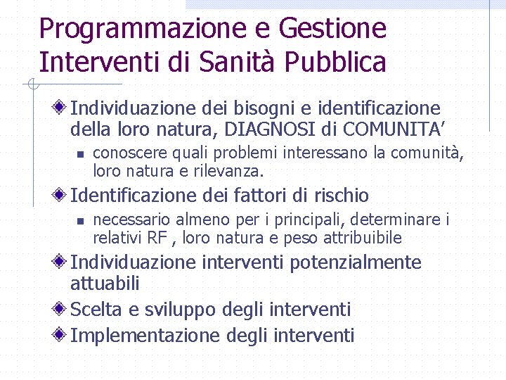 Programmazione e Gestione Interventi di Sanità Pubblica Individuazione dei bisogni e identificazione della loro