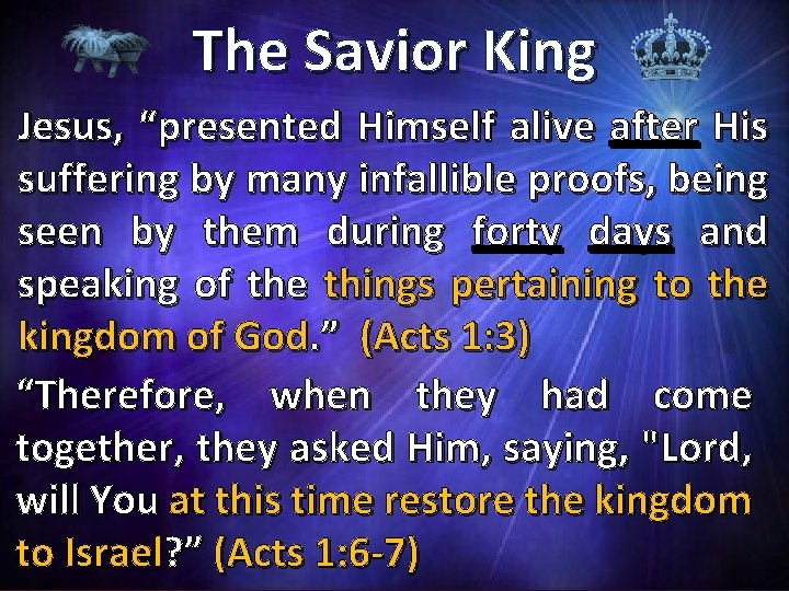 The Savior King Jesus, “presented Himself alive after His suffering by many infallible proofs,