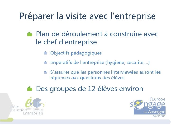 Préparer la visite avec l'entreprise Plan de déroulement à construire avec le chef d'entreprise