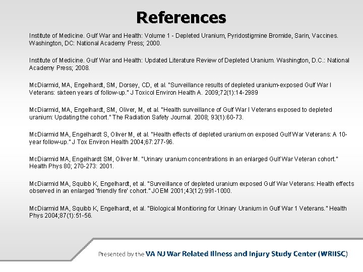 References Institute of Medicine. Gulf War and Health: Volume 1 - Depleted Uranium, Pyridostigmine