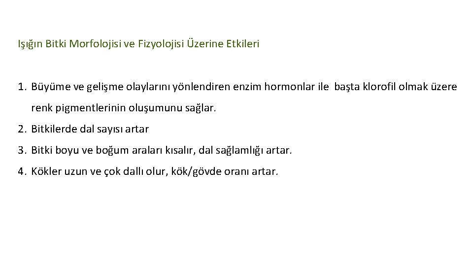 Işığın Bitki Morfolojisi ve Fizyolojisi Üzerine Etkileri 1. Büyüme ve gelişme olaylarını yönlendiren enzim