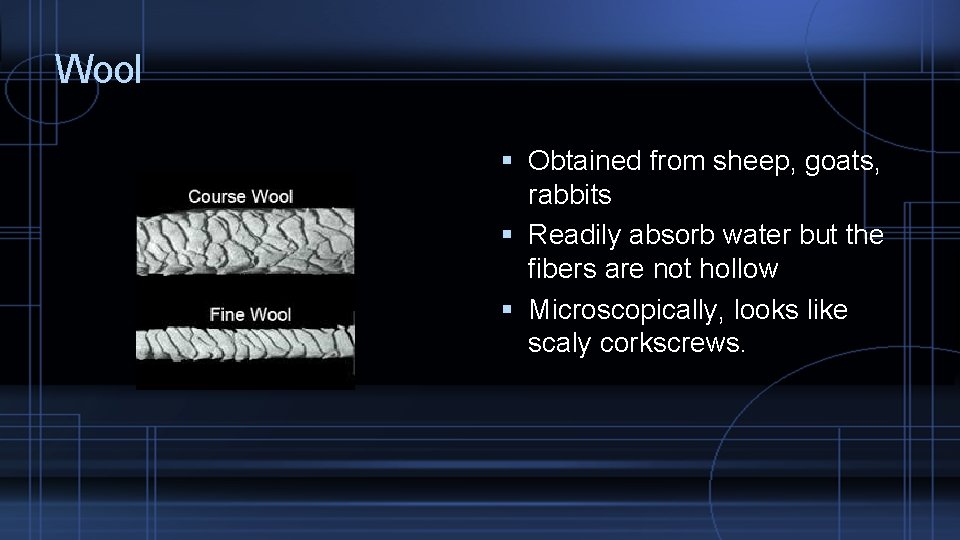 Wool Obtained from sheep, goats, rabbits Readily absorb water but the fibers are not