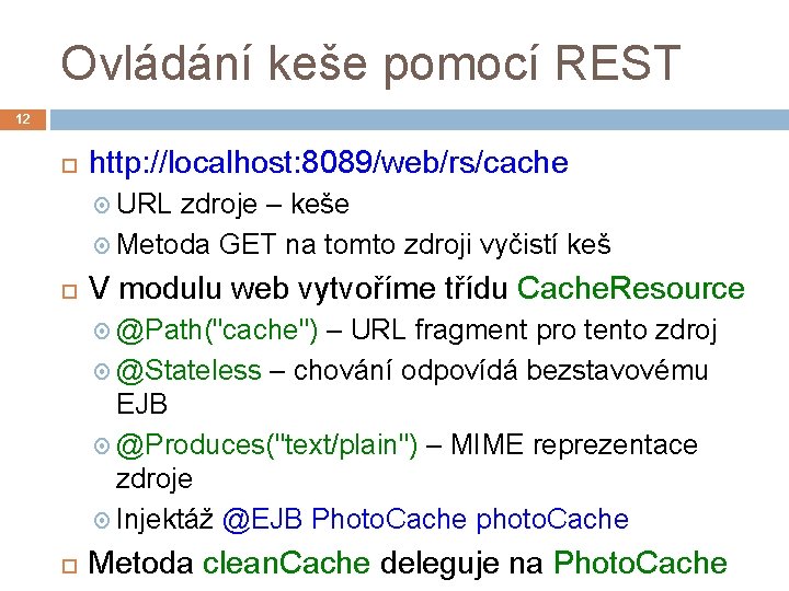 Ovládání keše pomocí REST 12 http: //localhost: 8089/web/rs/cache URL zdroje – keše Metoda GET