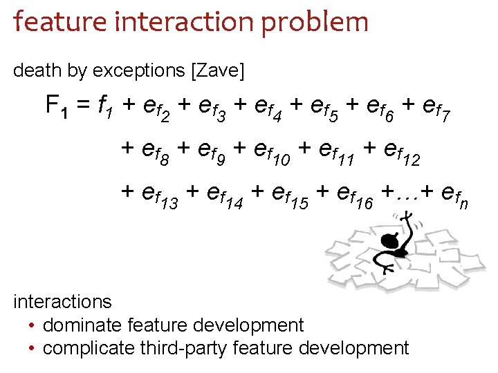 feature interaction problem death by exceptions [Zave] F 1 = f 1 + e