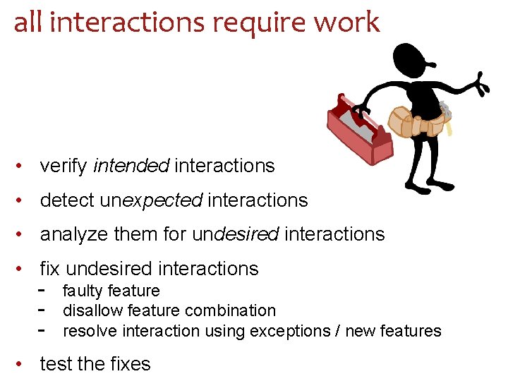 all interactions require work • verify intended interactions • detect unexpected interactions • analyze