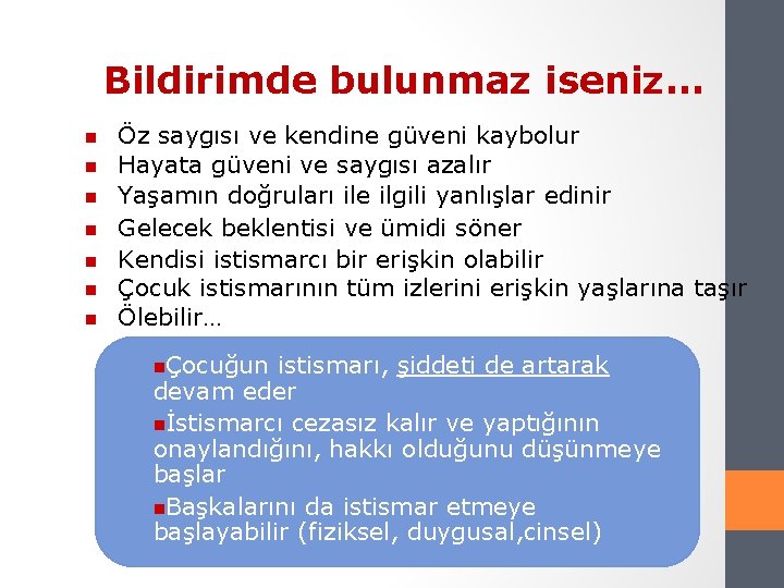 Bildirimde bulunmaz iseniz. . . Öz saygısı ve kendine güveni kaybolur Hayata güveni ve