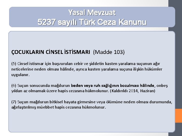 Yasal Mevzuat 5237 sayılı Türk Ceza Kanunu ÇOCUKLARIN CİNSEL İSTİSMARI (Madde 103) (5) Cinsel
