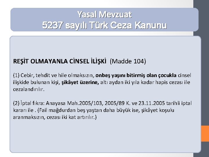 Yasal Mevzuat 5237 sayılı Türk Ceza Kanunu REŞİT OLMAYANLA CİNSEL İLİŞKİ (Madde 104) (1)