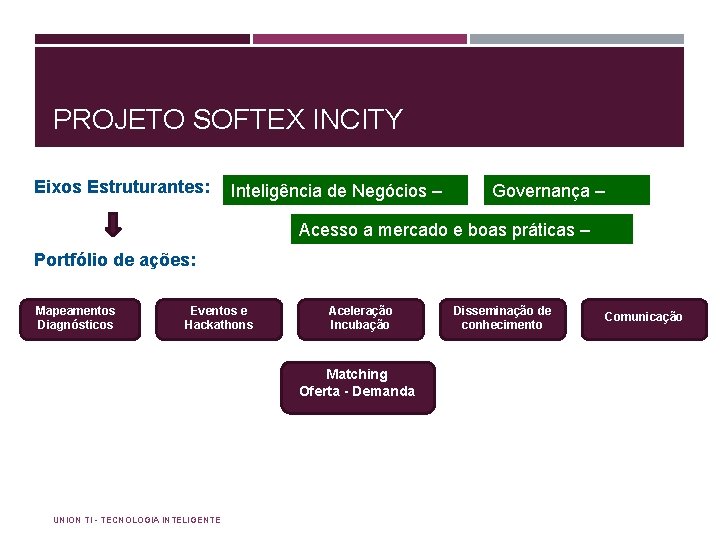 PROJETO SOFTEX INCITY Eixos Estruturantes: Portfólio de ações: Mapeamentos Diagnósticos Governança – Inteligência de
