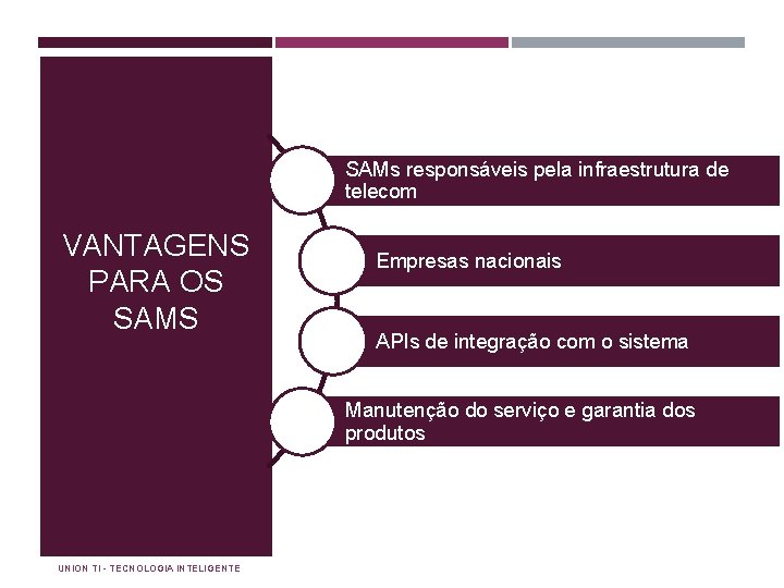 SAMs responsáveis pela infraestrutura de telecom VANTAGENS PARA OS SAMS Empresas nacionais APIs de