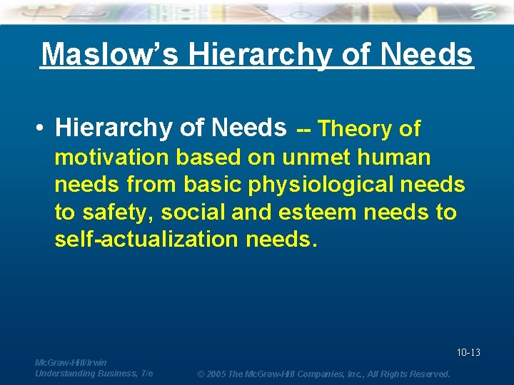 Maslow’s Hierarchy of Needs • Hierarchy of Needs -- Theory of motivation based on