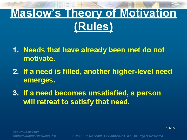 Maslow’s Theory of Motivation (Rules) 1. Needs that have already been met do not