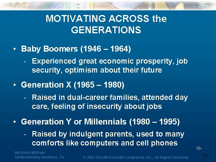 MOTIVATING ACROSS the GENERATIONS • Baby Boomers (1946 – 1964) - Experienced great economic