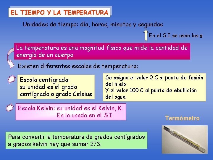 EL TIEMPO Y LA TEMPERATURA Unidades de tiempo: día, horas, minutos y segundos En