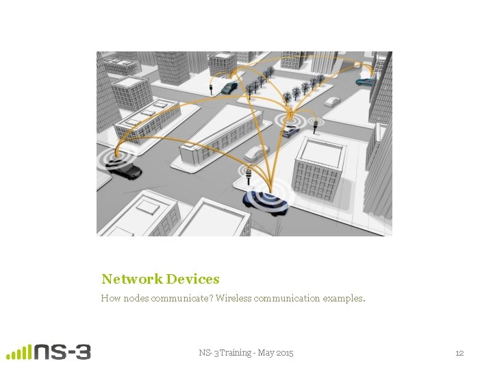 Network Devices How nodes communicate? Wireless communication examples. NS-3 Training - May 2015 12