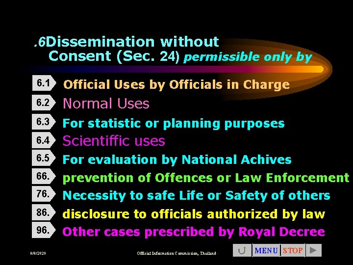 . 6 Dissemination without Consent (Sec. 24) permissible only by 6. 1 Official Uses