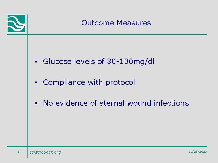 Outcome Measures • Glucose levels of 80 -130 mg/dl • Compliance with protocol •