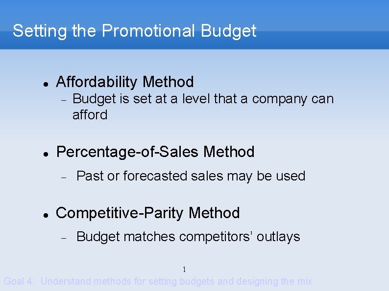 Setting the Promotional Budget Affordability Method Percentage-of-Sales Method Budget is set at a level