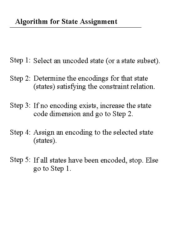 Algorithm for State Assignment Step 1: Select an uncoded state (or a state subset).