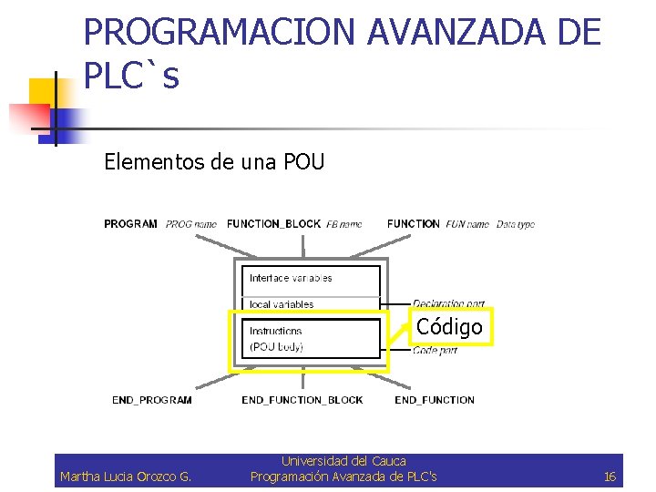 PROGRAMACION AVANZADA DE PLC`s Elementos de una POU Código Martha Lucia Orozco G. Universidad