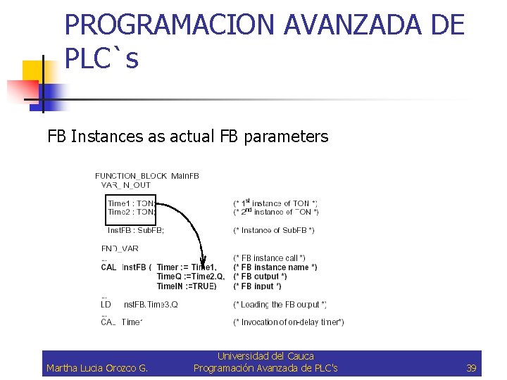 PROGRAMACION AVANZADA DE PLC`s FB Instances as actual FB parameters Martha Lucia Orozco G.