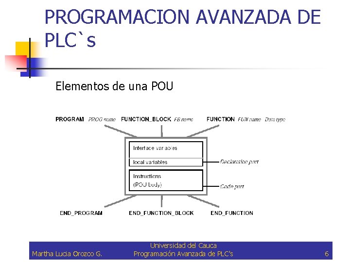 PROGRAMACION AVANZADA DE PLC`s Elementos de una POU Martha Lucia Orozco G. Universidad del