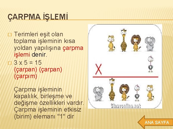 ÇARPMA İŞLEMİ � � Terimleri eşit olan toplama işleminin kısa yoldan yapılışına çarpma işlemi